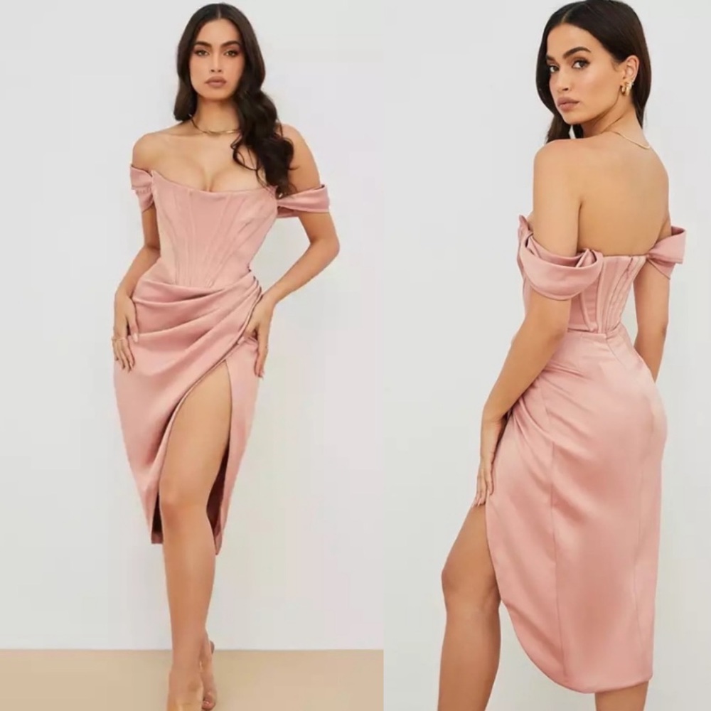 House of CB 'LORETTA' BLUSH PINK SATIN OFF SHOULDER Corset dress NWOT size L